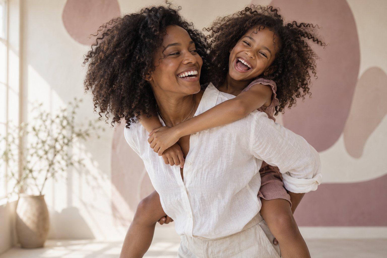 A mother carrying her laughing daughter on her back