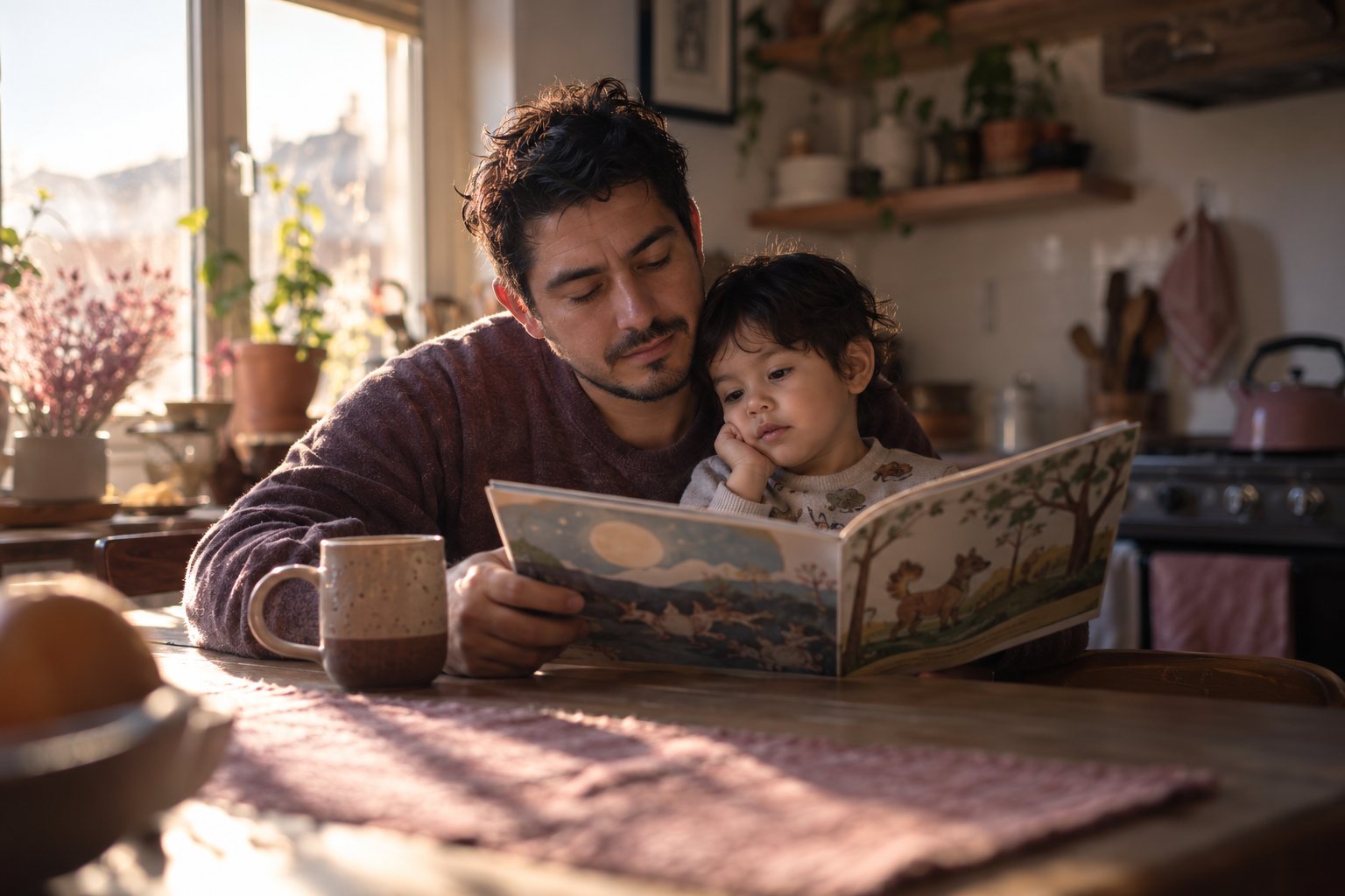 A father reading a picture book with his young son at dawn