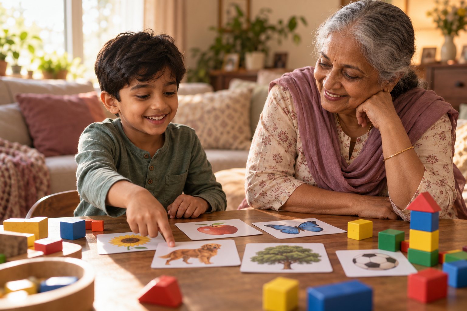 A grandmother and a boy using picture cards and blocks together