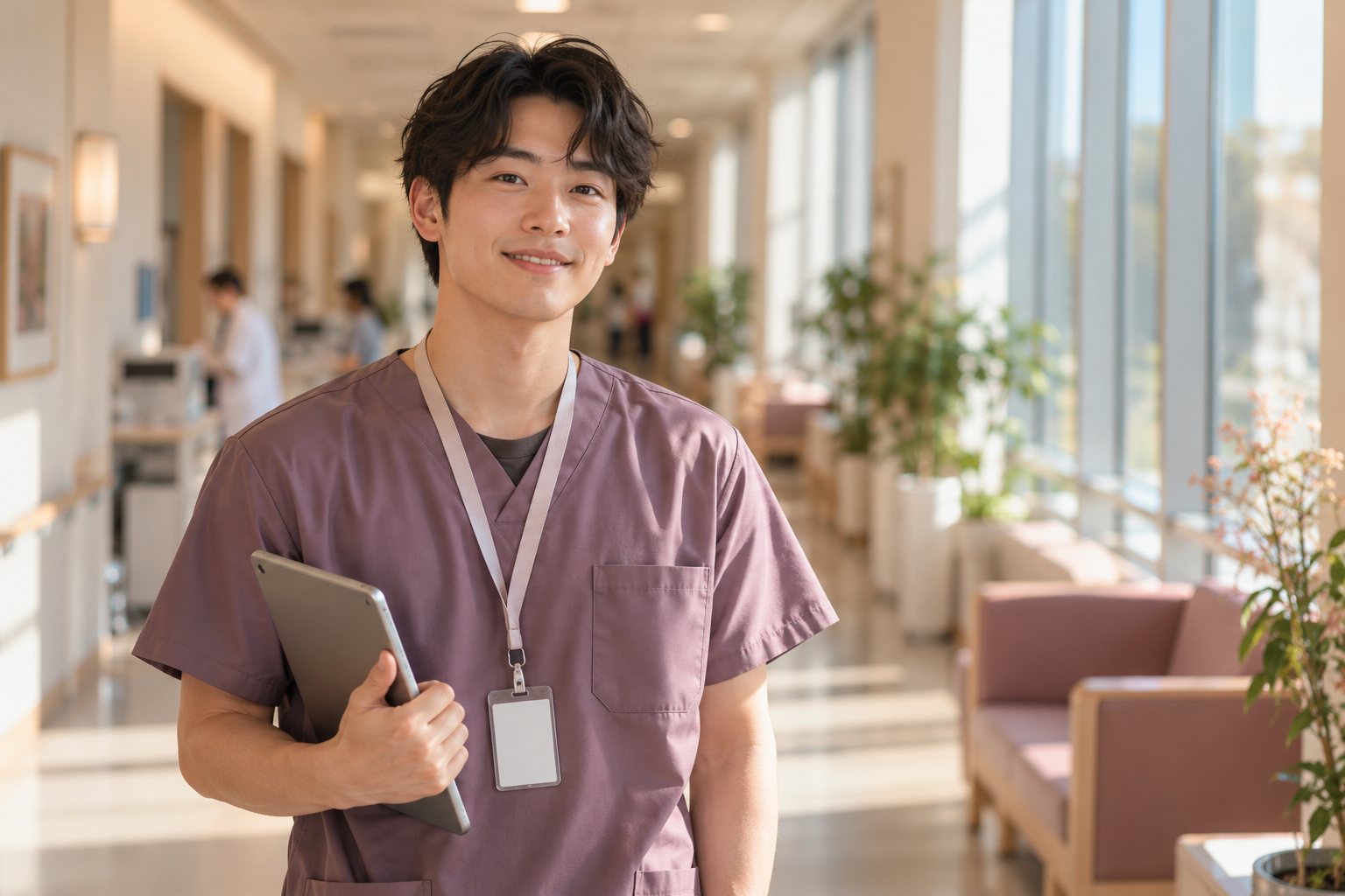 A young technician with a tablet in a clinic hallway