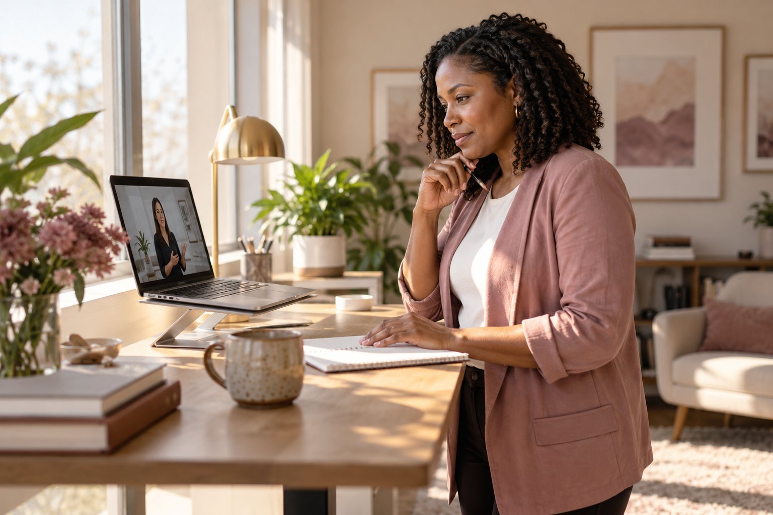 A behavior analyst reviewing a video lesson at her desk