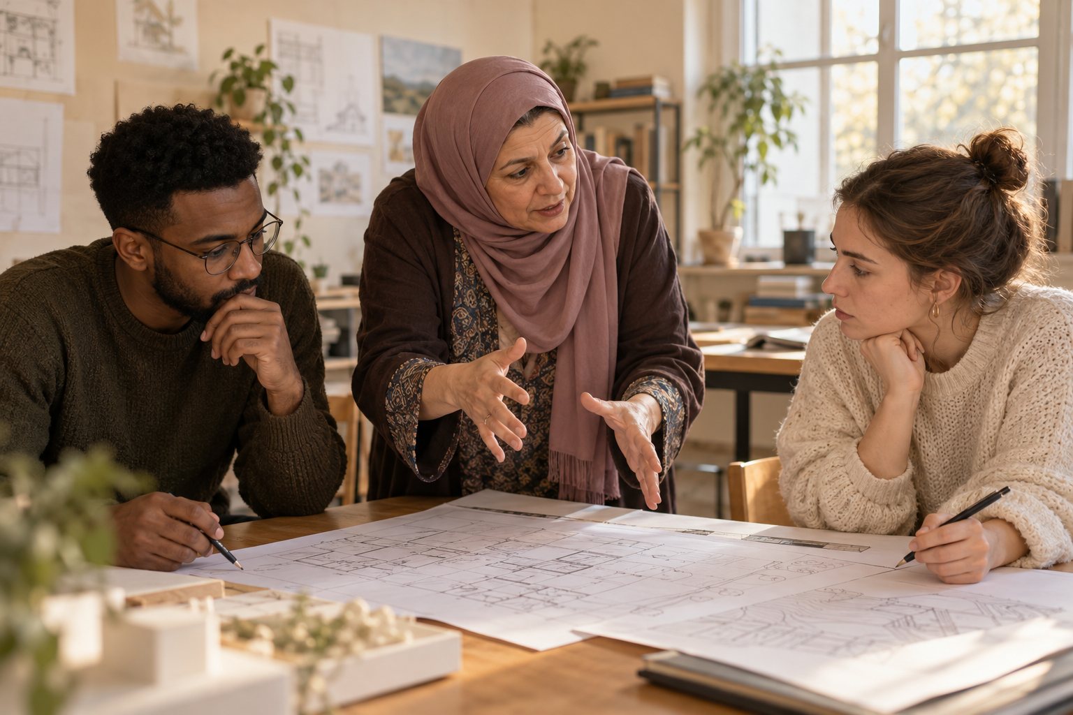 A supervisor teaching two colleagues over printed plans